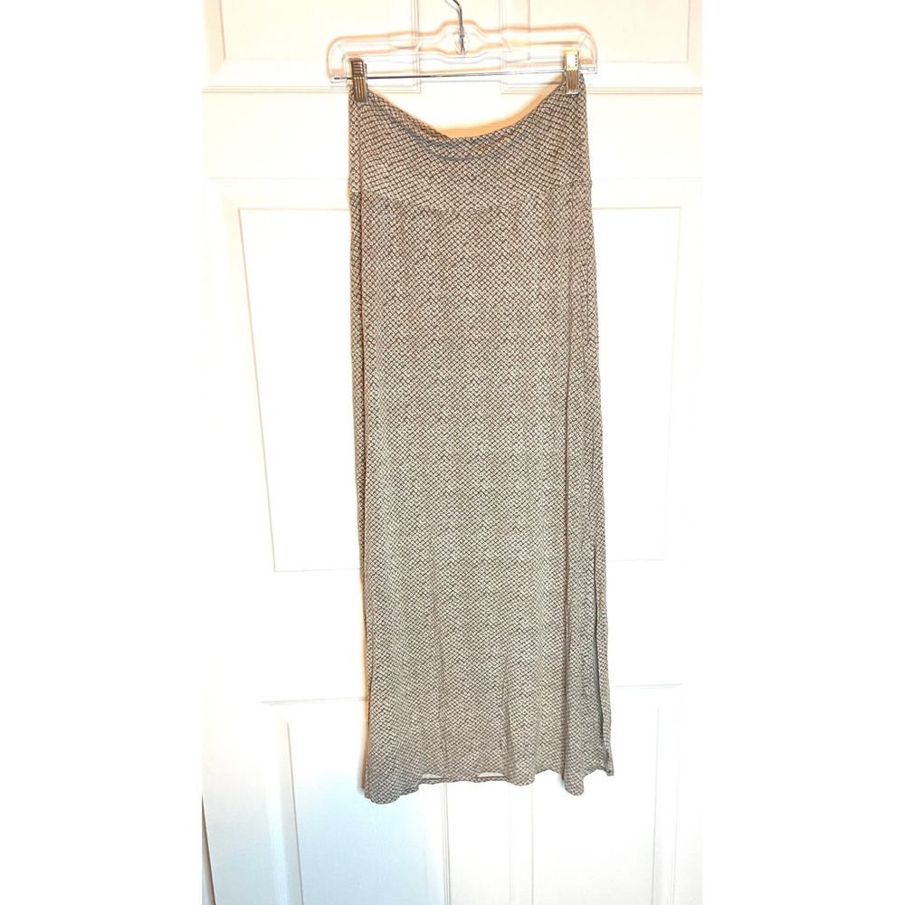 BOHO Geometric Print Maxi Skirt Side Slit Neutral Taupe White Small